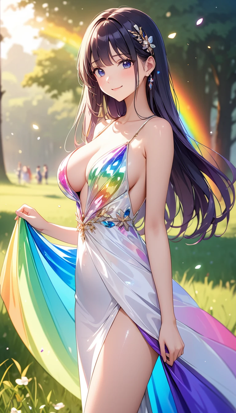 expensivequality illustration, masterpiece, Very delicate and beautiful, attractive,(White floral dress,One-piece with glittering decorations,expensive_White rainbow gradient dress、Long skirt、slit),thin,Slender body,slim,high school student,Grassland Background,Princess, Beautiful Eyes、smile、blush,(masterpiece, Highest quality:1.2), expensiveres, Very detailed CG ユニティ 8k 壁紙, Perfect lighting, colorful, ultra-expensive res,4K,Very detailed, photograph, 8k, High resolution, 、Big Breasts、thigh、Female organ、Thick pubic hair sticking out、Pubic hair sticking out