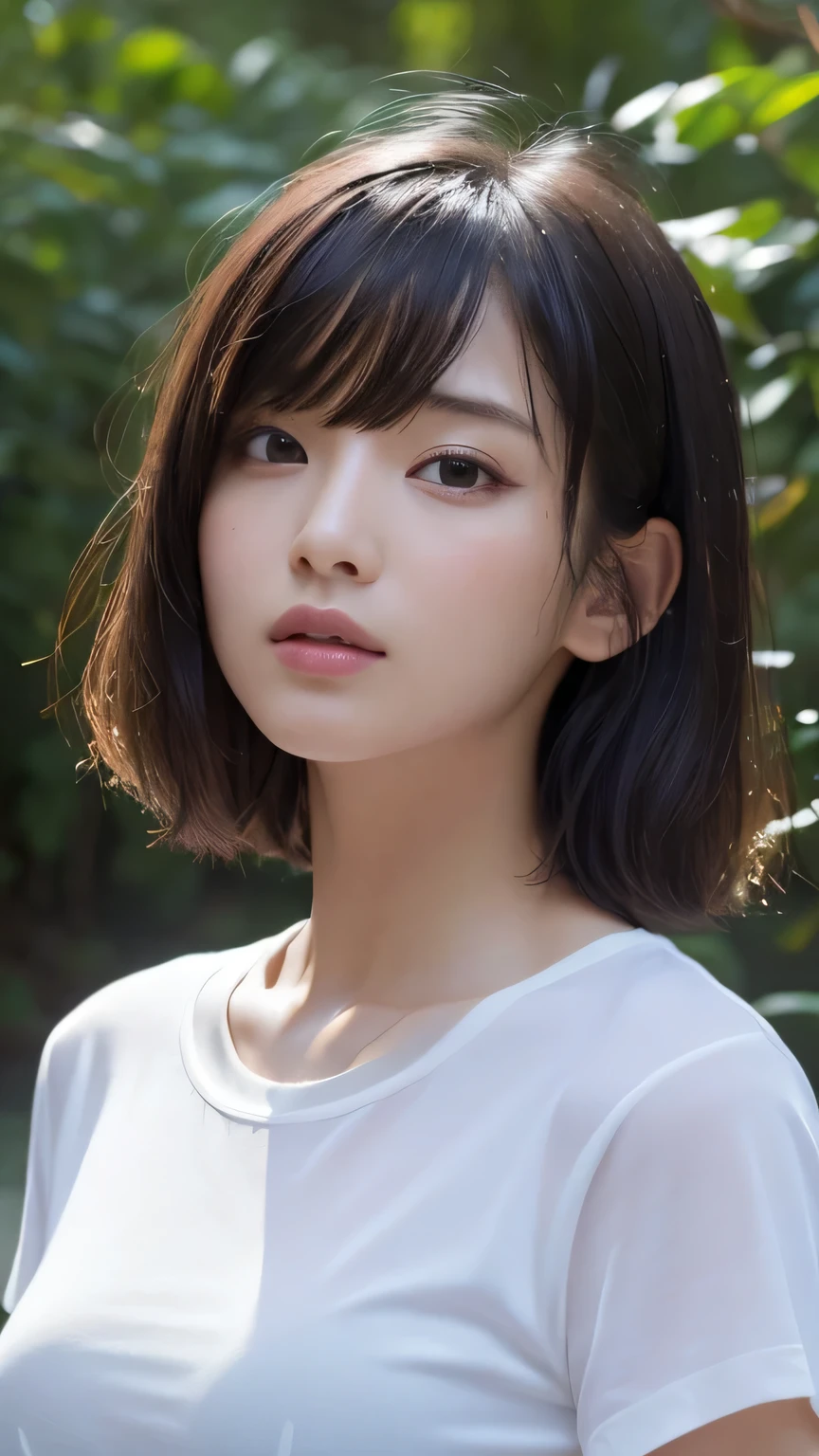 (Ultra-realistic), (figure), (High resolution), (8k), (Very detailed), (Best figure), (Beautiful and detailed), (Highest quality), (Super detailed), (masterpiece), (wallpaper), (Detailed face), alone, One Girl, watching viewer, Trendy clothes,White T-shirt、Less exposure、Fine details, Detailed face, In the Dark, Deep Shadow, Modest, Pure Erotic Face Ace_v1, cool, short hair, Pointed diagonal bangs,In a beautiful forest、stream、Water Play、Soaking wet、Wet Hair、Lost in Thought、岩に腰かけて足をstreamに浸す