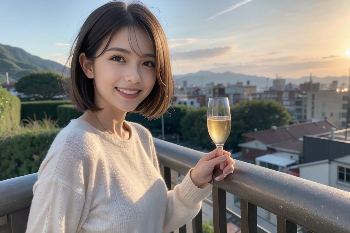 (Realistic:1.1),(masterpiece,Highest quality),8k,(49 years old), 53 years old, ベリーslimボディ、slimカップル、Tight waist,Upper Body,sashimi、Tempura、Japanese sake、Shochu 、Amazing view of the sunset sky and clouds、Perfect Anatomy, Brown Hair, short hair,Random Hairstyles,((Highly detailed face and eyes:1.2)),Perfect golden ratio face,Long sleeve shirt、dress,(smile:1.2)、Shortcuts、cute、(Realistic, Intricate details:1.2), A bright smile、short hair,Bright Face、Champagne、sparkling wine、(slimな顔), (The body is slim), (Brown Hair), (Shortcuts), Upper Body, slim, wine glass,