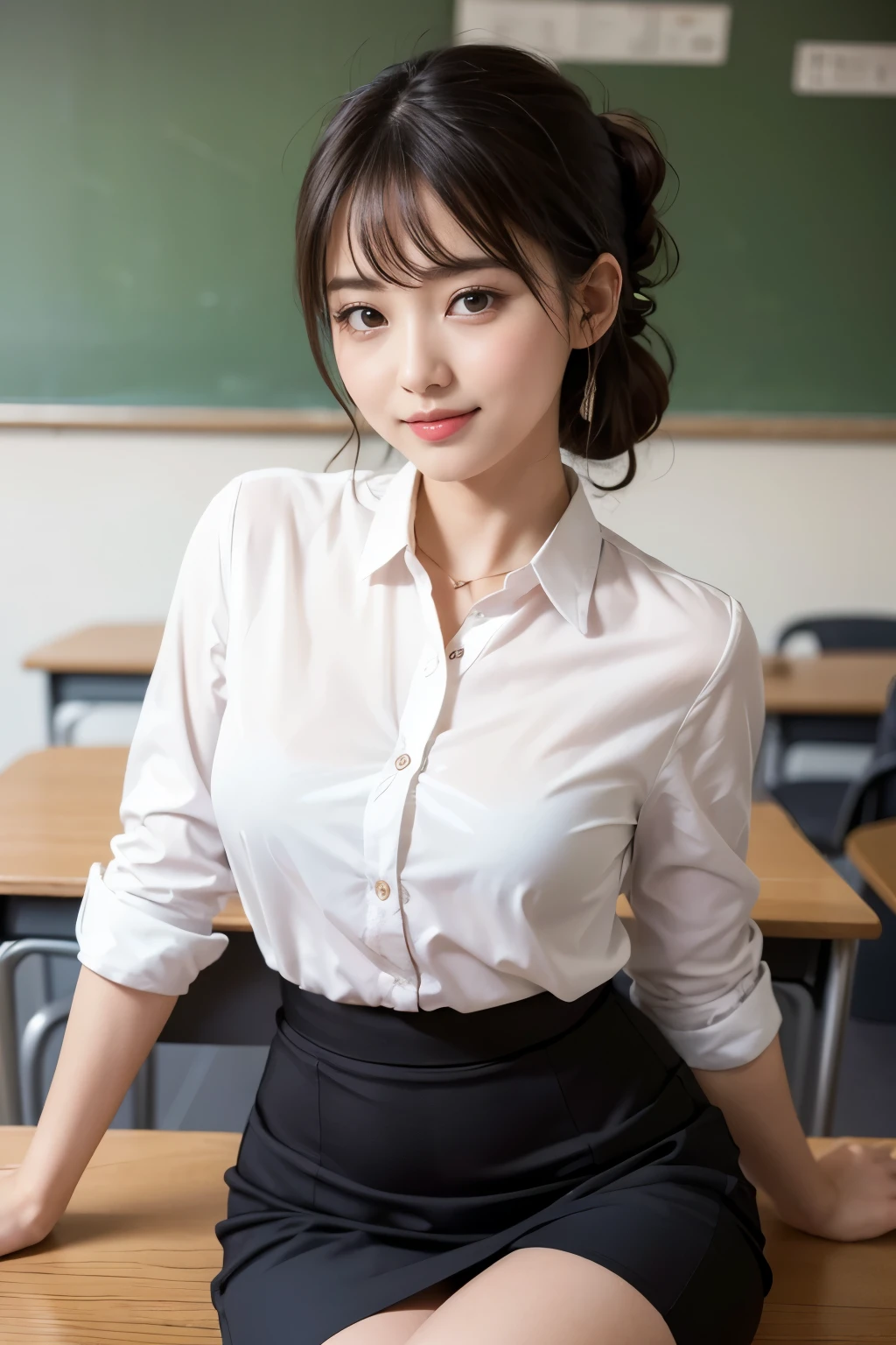(8k, Highest quality, masterpiece:1,2), (Realistic, photo-Realistic:1,37), Highest quality, masterpiece, Beautiful woman, 30 years old, Teacher Kiyura, Beautiful female teacher, Oversized shirt, Tight Skirt, Mid-length skirt, blush, smile, Small breasts, thin, Chignon Hair, thin脚, Tight waist, Naughty look, Classroom background with stacked chairs and study desks