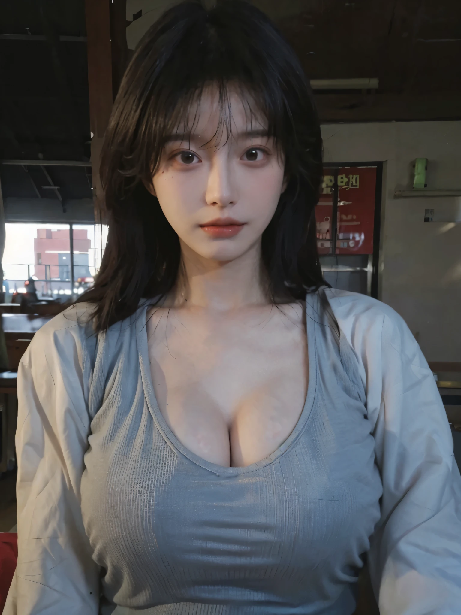 Best Quality, Masterpiece, Ultra High Resolution, (Realistic: 1.4), 1 Girl, Sexy, (Campus: 1.2), (Big Breast: 1.3), (Upper Body: 1.4)