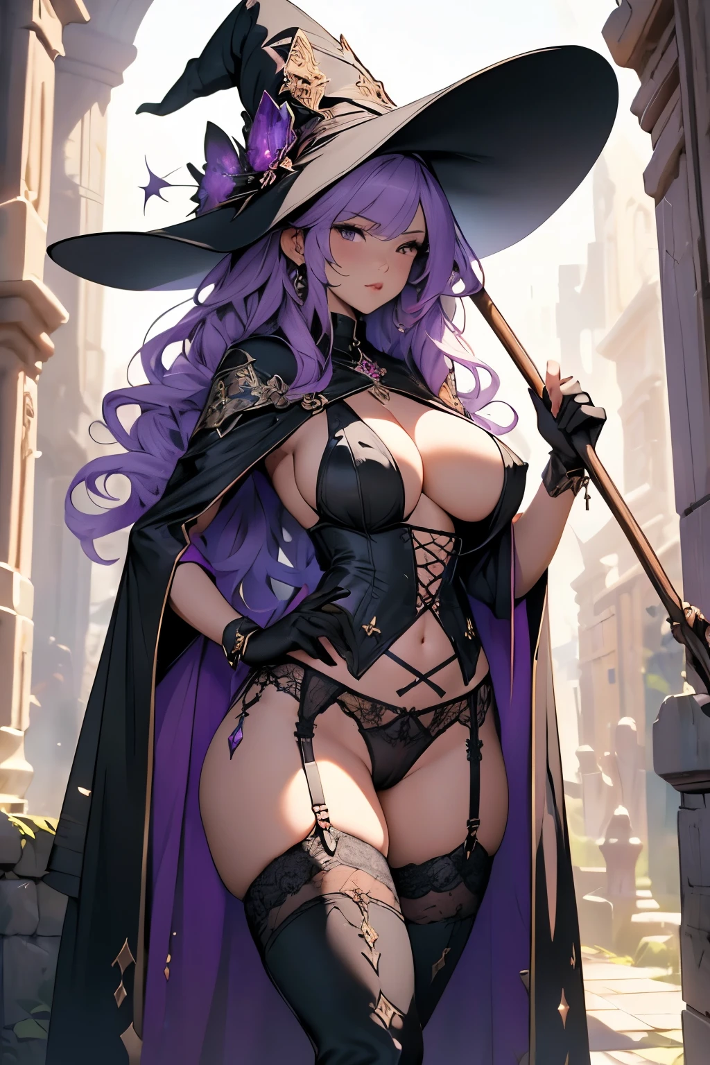 High quality, Ultra detailed, best quality, insanely detailed, beautiful, masterpiece、(Holds a giant magical staff with a giant purple crystal)、(Purple hair with waves、Witch Hat)、(Slut、Bitch、Prostitute)、(Huge breasts、Underboob、Sideboob、See-through sexy lingerie)、(Huge tattoo that glows on the crotch、Camel toe)、(Wide Hips、Thick thighs、glamorous、curve、NSFW、Revealing outfit)、(Black garter belt、Black long boots、Black Gloves、See-through cape)、(ancient ruins)