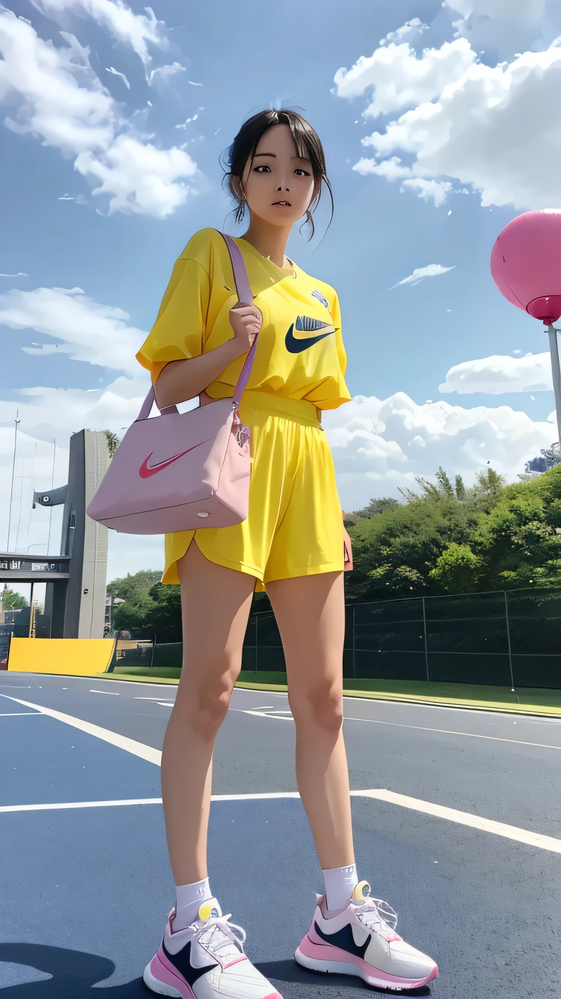 A beautiful Asian woman in yellow short-sleeved sportswear、Nike sports brand「A master course」Standing on the Wind Bridge、Carrying a pink cartoon handbag、I'm wearing white sneakers。In the background, blue clouds with purple highlights were featured。In front of her was an inflatable mattress。 --ar 16:9 --q