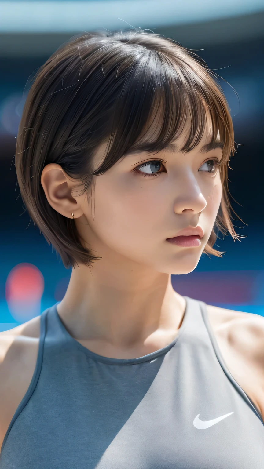 (Ultra-realistic), (figure), (High resolution), (8k), (Very detailed), (Best figure), (Beautiful and detailed), (Highest quality), (Super detailed), (masterpiece), (wallpaper), (Detailed face), alone, One Girl, watching viewer, Sportswear，Less exposure、Fine details, Detailed face, In the Dark, Deep Shadow, Modest, Pure Erotic Face Ace_v1, cool, short hair, Pointed diagonal bangs，Athletics Stadium、Pensive