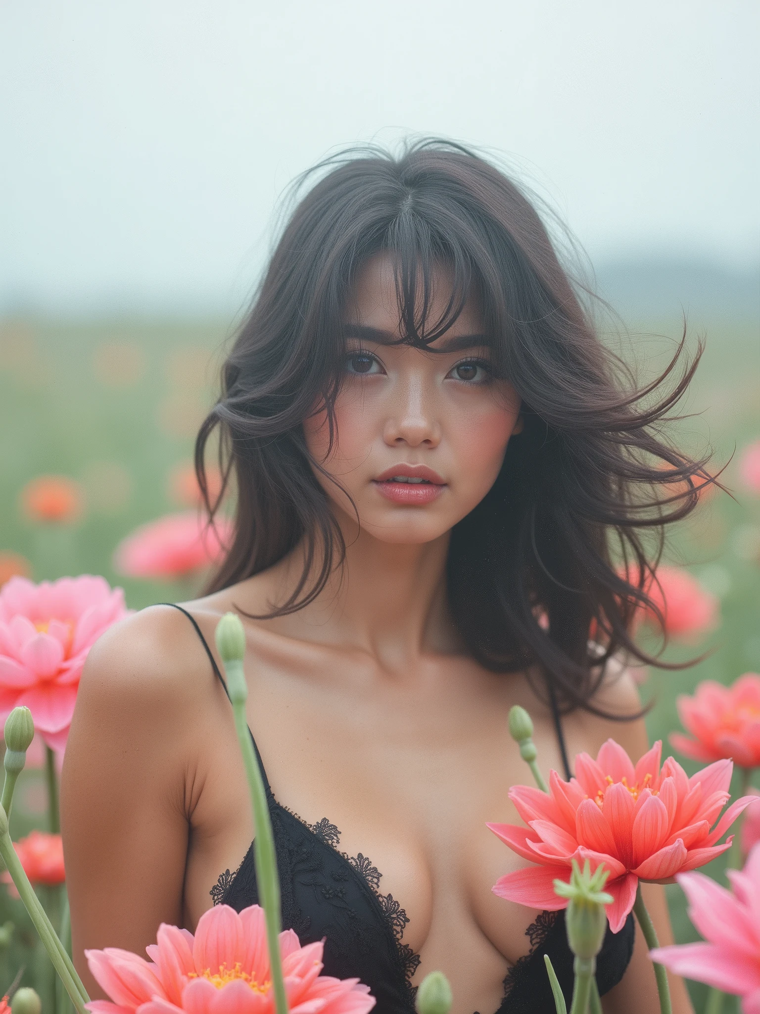 (masterpiece), (best quality), (highly detailed), black pantyhose, skirt, detailed ears, woman standing, flower field, beautiful detailed face, beautiful detailed eyes, beautiful detailed lips, realistic, photorealistic, detailed hair, intricate, elegant, dramatic lighting, vibrant colors, cinematic composition, symmetrical, dreamlike, ethereal, romantic, tranquil atmosphere, soft focus, depth of field