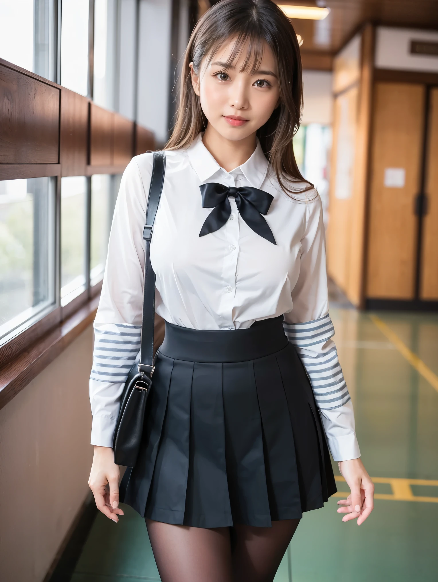 Great quality、8k、flying debris、(RAW Photos:1.4)、High resolution、((Composition away from the subject))、顔から足首までのFull body photo))、((Perfect Anatomy))、1 female 、Small build、Detailed skin、Glowing Skin、Baby Face、double eyelid、eyes with long eyelashes、Small face、smile、Open your mouth、Staring out the window in the school hallway、Stretch your back、The windows provide natural light、Realistic school scenery、middle School 、Blue and grey school bag on shoulder、Slender and delicate body、Small breasts、A blazer uniform with green lines、 、Check skirt、healthy、young woman、black tights、black tights、Brown loafers、loafers、Full Body Shot、Beautiful Hairstyles、Accentuates very slim legs(Please take a picture from the front.), (8k), (Highest quality: 1.5), (Realistic: 1.1), 超High resolution, Very detailed, Golden Ratio, (Two tall Japanese high school s), 24-years-old, (F Cup Big:1.7), Huge breasts((Breast engorgement)), Cleavage, (Full body photo), (Very cute face, Overlooking here, Keep your hands on your hips, Sit on the floor with your legs open, ), Simple uniforms, (Wearing a Japanese office lady uniform), Long sleeve uniform, ((thick and long legs)), ((Very wide thighs:1.6)), ((Very long legs:1.4)), (I always wear black pantyhose), (If it's tight, it won't shine.、Very short), (Oily shiny black pantyhose),(ヒールが高いハイヒールloafersを着用) , Please take a picture from the front, (8k), (Highest quality), (Realistic), (Three tall Japanese high school s), 24-years-old, F Cup Big, (Full body photo), (Angry with a super cute face, Angry face, Overlooking here, Cleavageを強調するために腕を組む, (Very wide thighs), (Plump legs), (They always wear black stockings...),Simple uniforms, Wearing a monochrome Japanese uniform, Street Snap, Japanese blonde, blonde, short hair, hair band, Glare, Frowning, Makeup, Frowning, Frowningをする, Surrealism, First Person View, First Person View, Wide-angle, 超High resolution, Anatomically correct, Super Detail, 16K, プリーツミニスカートと黒ストッキングを履いた女性のFull Body Shot, Japanese , ( Ivory Black ), Japanese women's fashion model, ulzzang, Micro Mini Skirt, (スカートがVery short), (Very long legs), (Very wide thighs), (Plump legs), (She always wears black stockings...), (Wearing brown platform high heels), Accurate high heels, Knee socks