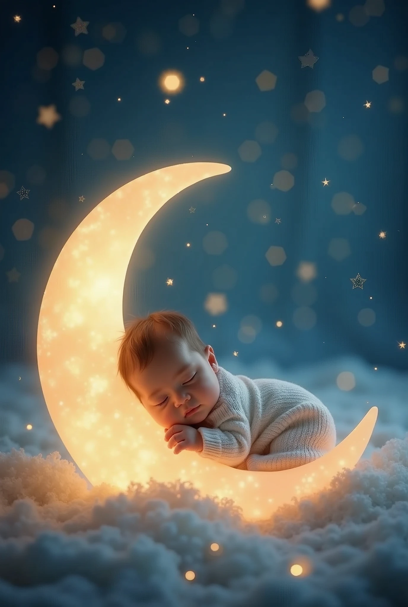 a listening to a lullaby, sitting tenderly on a crescent moon in a fairy-tale space, many stars around, sleeping with closed eyes, beautiful detailed eyes, beautiful detailed face, extremely detailed features, cinematic lighting, glowing moonlight, ethereal atmosphere, dreamlike, whimsical, vibrant colors, soft focus, detailed fabric textures, masterpiece, best quality, 8k, photorealistic