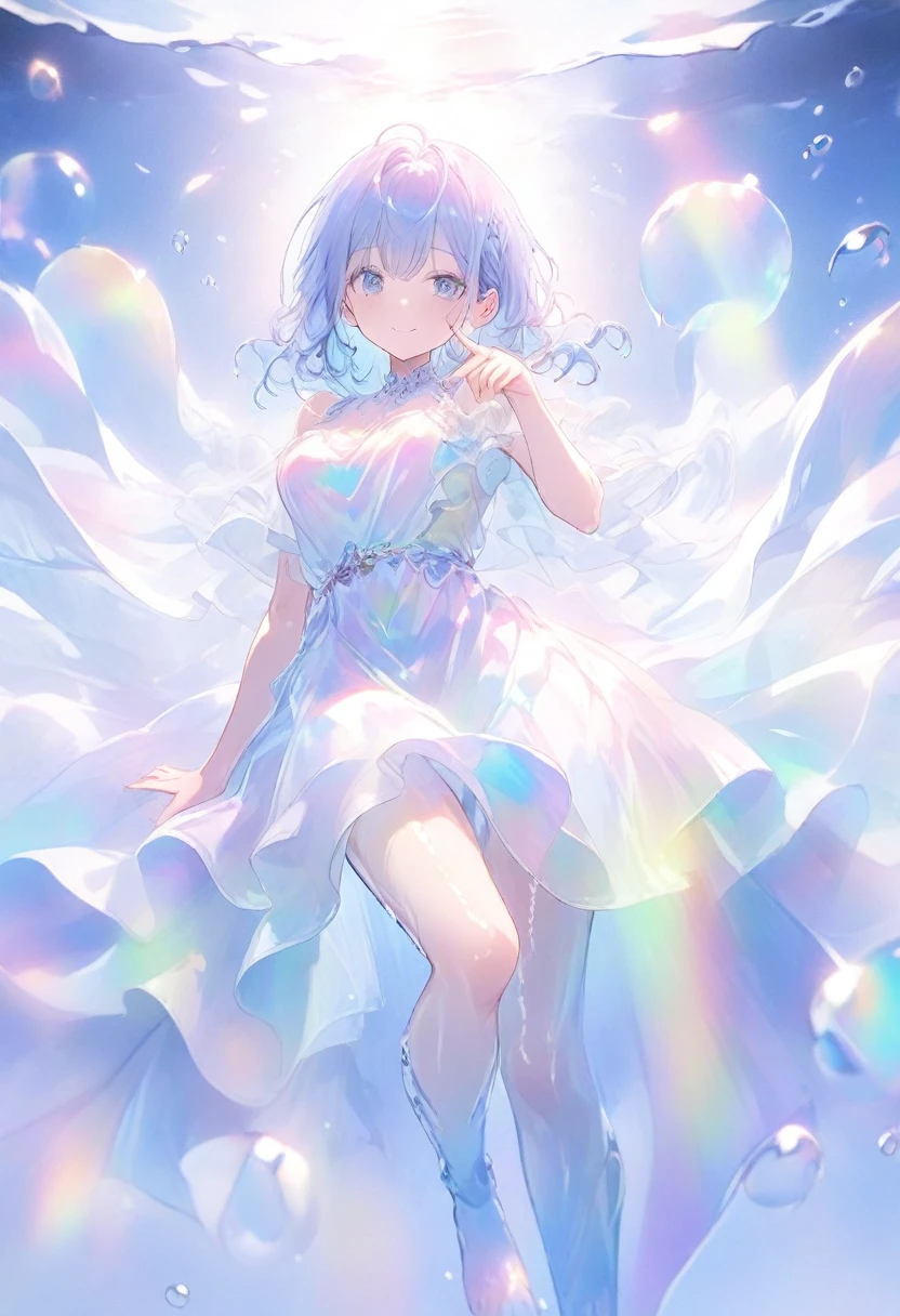 (Super detailed, 8K, best quality, ultra detailed, masterpiece), underwater, A lot of bubbles, Paleblue-blue gradient coloed water, nice, bright, Light shines through the water, Beautiful and mysterious lady with a sweet smile, ((She is holding her leg close to her body and pointing her right toe.floating on her back in water)), The girl is tall and medium bust,sparkling dark blue eyes, Her long rainbow-colored hime-cut hair is flowing, a dress made of many layers of fabric, shiny glossy iridescent clothes, shiny reflective clothes, pastel, lens Flare, soft gradient