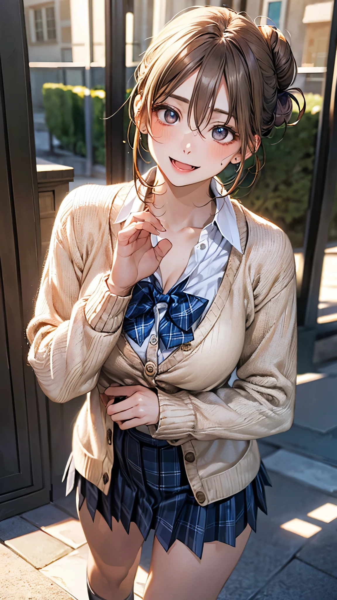 (masterpiece:1.2, highest quality), (realistic photo:1.4), beautiful illustrations, (natural side lighting, movie lighting), 
beautiful hair, beautiful face, detailed and beautiful eyes, beautiful clavicle, beautiful body, beautiful breasts, beautiful thighs, beautiful feet, beautiful fingers, 
looking at the viewer, 1 girl, high school girl, (perfect anatomy, anatomically correct, super detailed skin), cute symmetrical face, baby face, perfect face, perfect eyes, 
(middle hair, (single hair bun), light brown hair), hair between eyes, gold eyes, big eyes, long eye lasher, (medium breasts, seductive thighs), perfect body, shiny skin, slender, 
(detailed cloth texture, break white collared shirt, break (long sleeve beige knit cardigan), break blue pleated skirt, blue plaid bow tie), break 
(beautiful scenery), night, (school yard;1.2), standing, break (own hands together), break (happy smile, open mouth, feeling of satisfaction), 