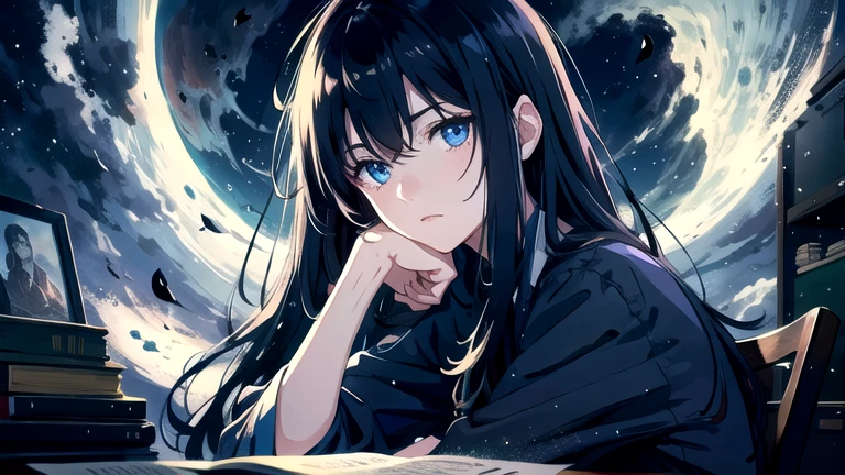 Create an illustration of black hair and blue eyes, sitting in a chair in front of a desk, Sentimental, Introspective look。, The moonlight gently shines into the room, Gently illuminate the space, Curtains sway in the wind, Increase tranquility, Dark mood, Emphasise the theme of loneliness, silence, And the depths of night, The room is dark、dimly lit by the moonlight
