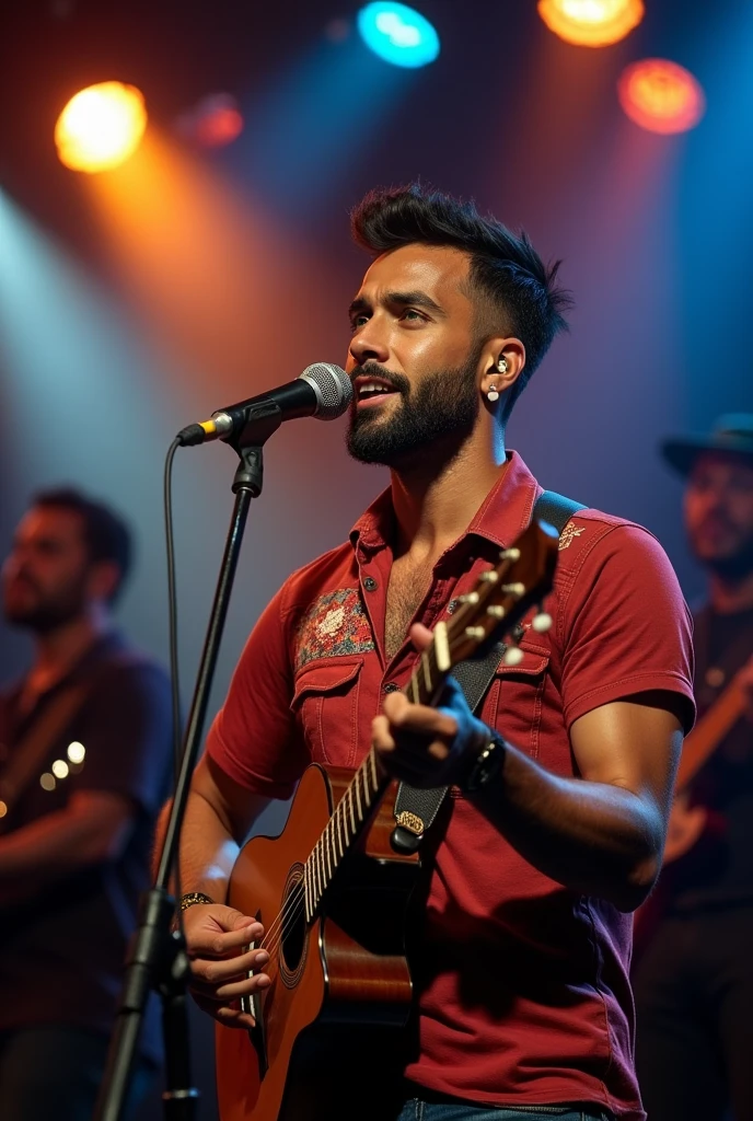 a photo of a tanned man with a short beard, green eyes, short hair, a sertanejo singer on stage