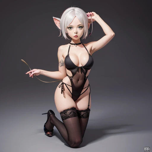 chibi, Sexy busty babe, gray fur, full body portrait , black tiny one piece slingshot bikini, neckline, tight to the body , gothic makeup high resolution 12k , perfect detailed