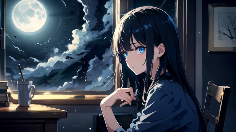 Create an illustration of black hair and blue eyes, sitting in a chair in front of a desk, Sentimental, Introspective look。, The moonlight gently shines into the room, Gently illuminate the space, Curtains sway in the wind, Increase tranquility, Dark mood, Emphasise the theme of loneliness, silence, And the depths of night, The room is dark、dimly lit by the moonlight