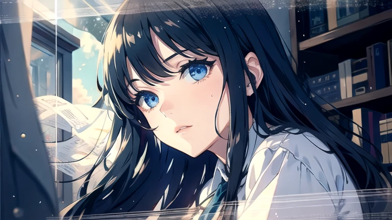 Create an illustration of black hair and blue eyes, sitting in a chair in front of a desk, Sentimental, Introspective look。, The moonlight gently shines into the room, Gently illuminate the space, Curtains sway in the wind, Increase tranquility, Dark mood, Emphasise the theme of loneliness, silence, And the depths of night, The room is dark、dimly lit by the moonlight