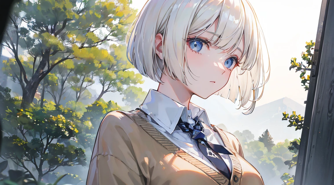 (Bob Cut Hair, Platinum Blonde Hair, profile:1.2),(Wear a cardigan over a collared shirt:1.2),1 person,Japanese,21 years old,(Small breasts:1.3),(Highest quality,masterpiece:1.3,超A high resolution,),(Ultra-detailed,Caustics),(Photorealistic:1.4,RAW shooting,)Ultra-Realistic Capture,Very detailed,High resolution 16K human skin close-up。 Natural skin texture、,Pores、、It needs to be detailed enough to be easily identifiable。 Skin should be even-toned and healthy looking。 Use natural light and colour, Sad expression, Looking at the camera, Perfect dynamic composition, Outdoor