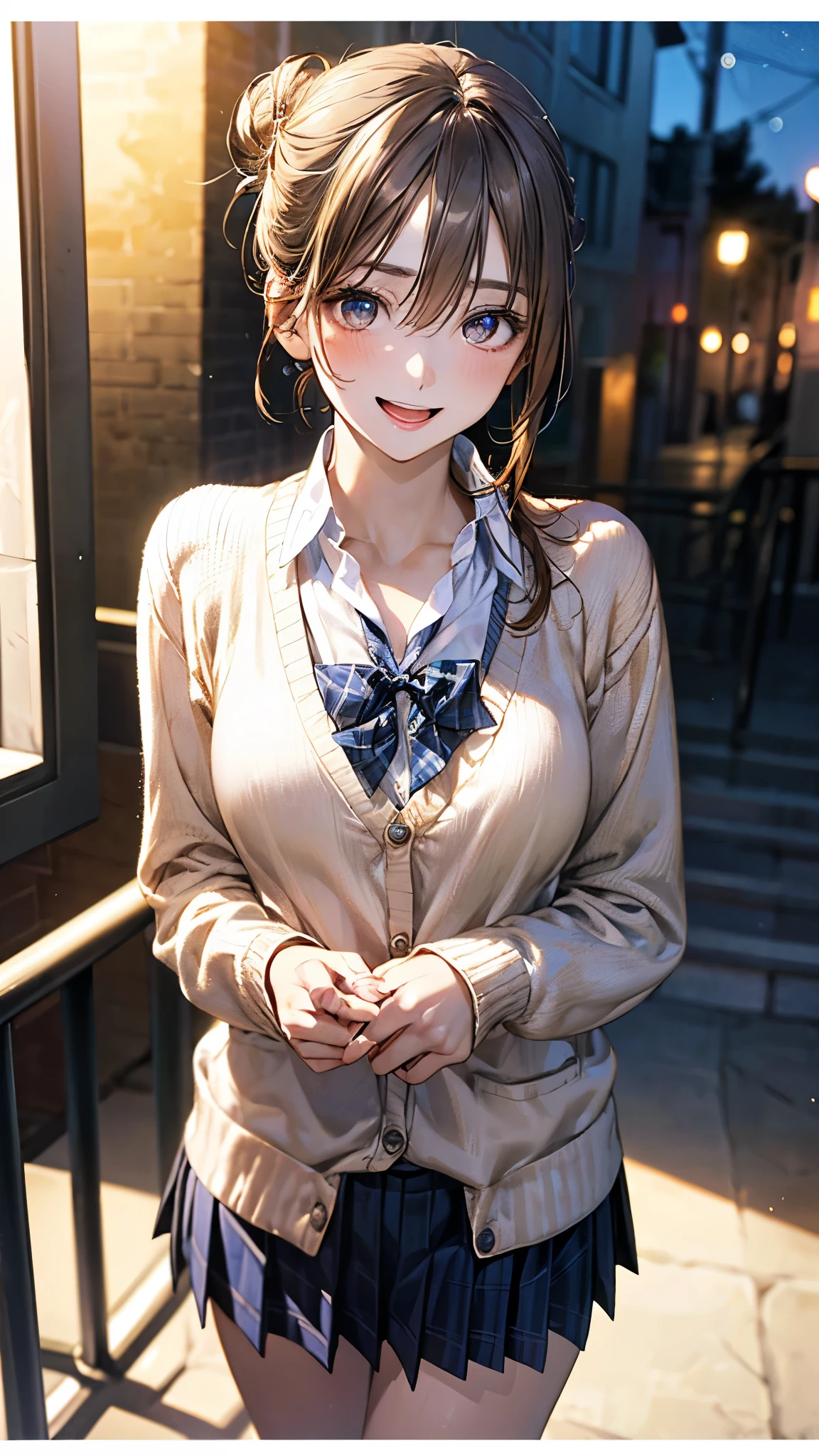 (masterpiece:1.2, highest quality), (realistic photo:1.4), beautiful illustrations, (natural side lighting, movie lighting),
beautiful hair, beautiful face, detailed and beautiful eyes, beautiful clavicle, beautiful body, beautiful breasts, beautiful thighs, beautiful feet, beautiful fingers,
looking at the viewer, 1 girl, high school girl, (perfect anatomy, anatomically correct, super detailed skin), cute symmetrical face, baby face, perfect face, perfect eyes,
(middle hair, (single hair bun), light brown hair), hair between eyes, gold eyes, big eyes, long eye lasher, (medium breasts, seductive thighs), perfect body, shiny skin, slender,
(detailed cloth texture, break white collared shirt, break (long sleeve beige knit cardigan), break blue pleated skirt, blue plaid bow tie), break
(beautiful scenery), night, (school yard;1.2), standing, break (own hands together), break (happy smile, open mouth, feeling of satisfaction),