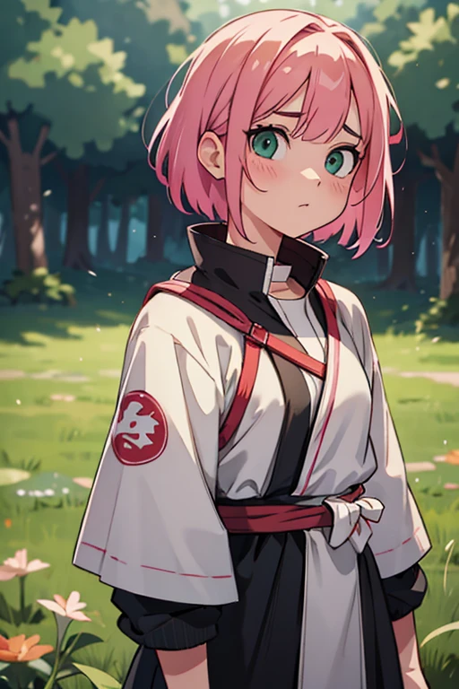 pink haired girl with parted bangs, green eyes, face scar, short hair, standing alone, upper body, (masterpiece), (best quality, 4k, 8k, highres, ultra-detailed, realistic, photorealistic, HDR, UHD, vivid colors, studio lighting, physically-based rendering, sharp focus), sakura, naruto shippuden, next generation, bolt, 1 girl