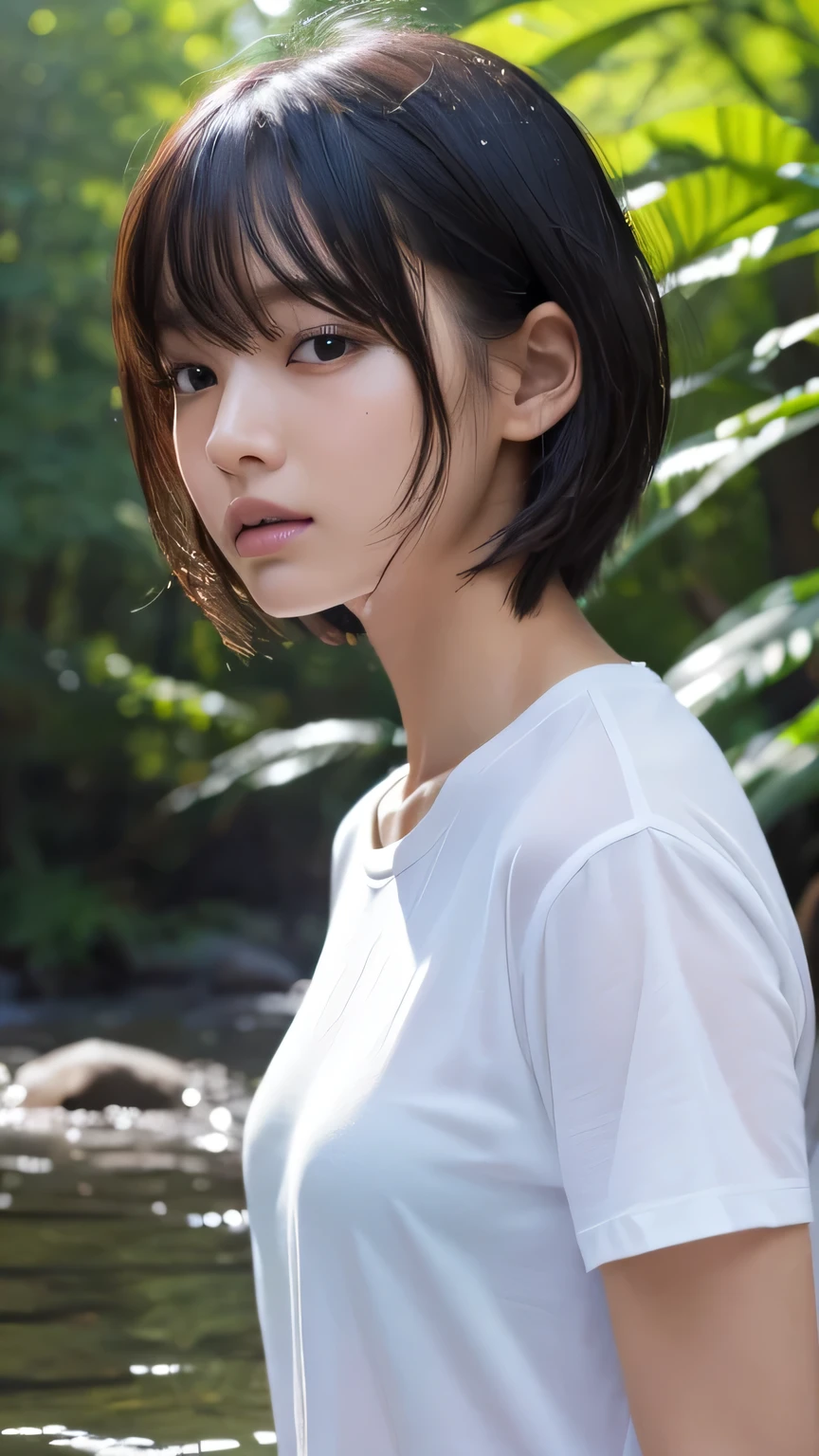 (Ultra-realistic), (figure), (High resolution), (8k), (Very detailed), (Best figure), (Beautiful and detailed), (Highest quality), (Super detailed), (masterpiece), (wallpaper), (Detailed face), alone, One Girl, watching viewer, Trendy clothes，White T-shirt、Less exposure、Fine details, Detailed face, In the Dark, Deep Shadow, Modest, Pure Erotic Face Ace_v1, cool, short hair, Pointed diagonal bangs，In a beautiful forest、stream、Water Play、Soaking wet、Wet Hair、Lost in Thought、岩に腰かけて足をstreamに浸す