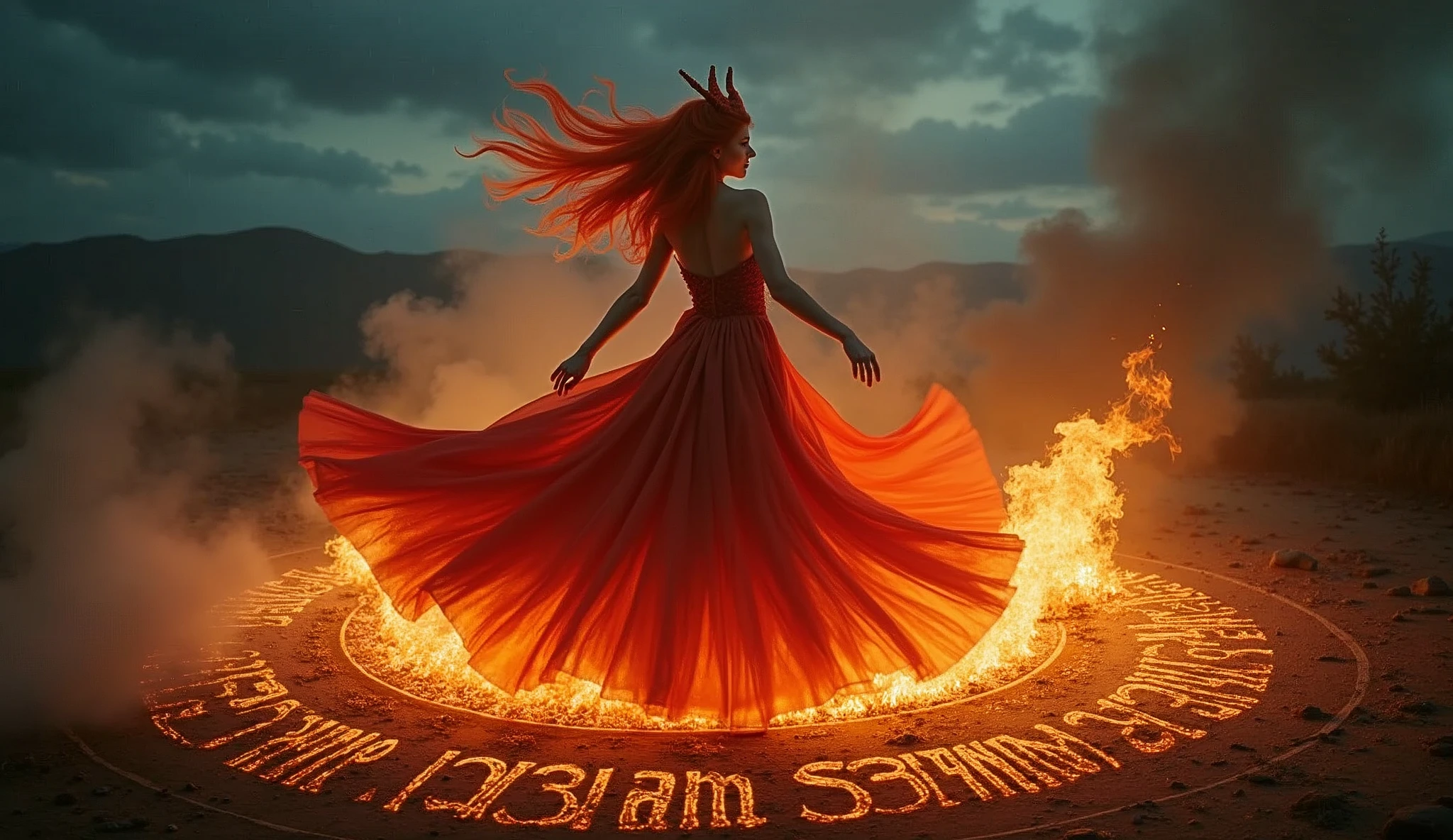 Seductive demoness with fiery red hair and glowing eyes, dressed in a revealing gown made of shadowy flames, performing a forbidden dance around a blazing ritual fire, with dark sigils glowing on the ground.