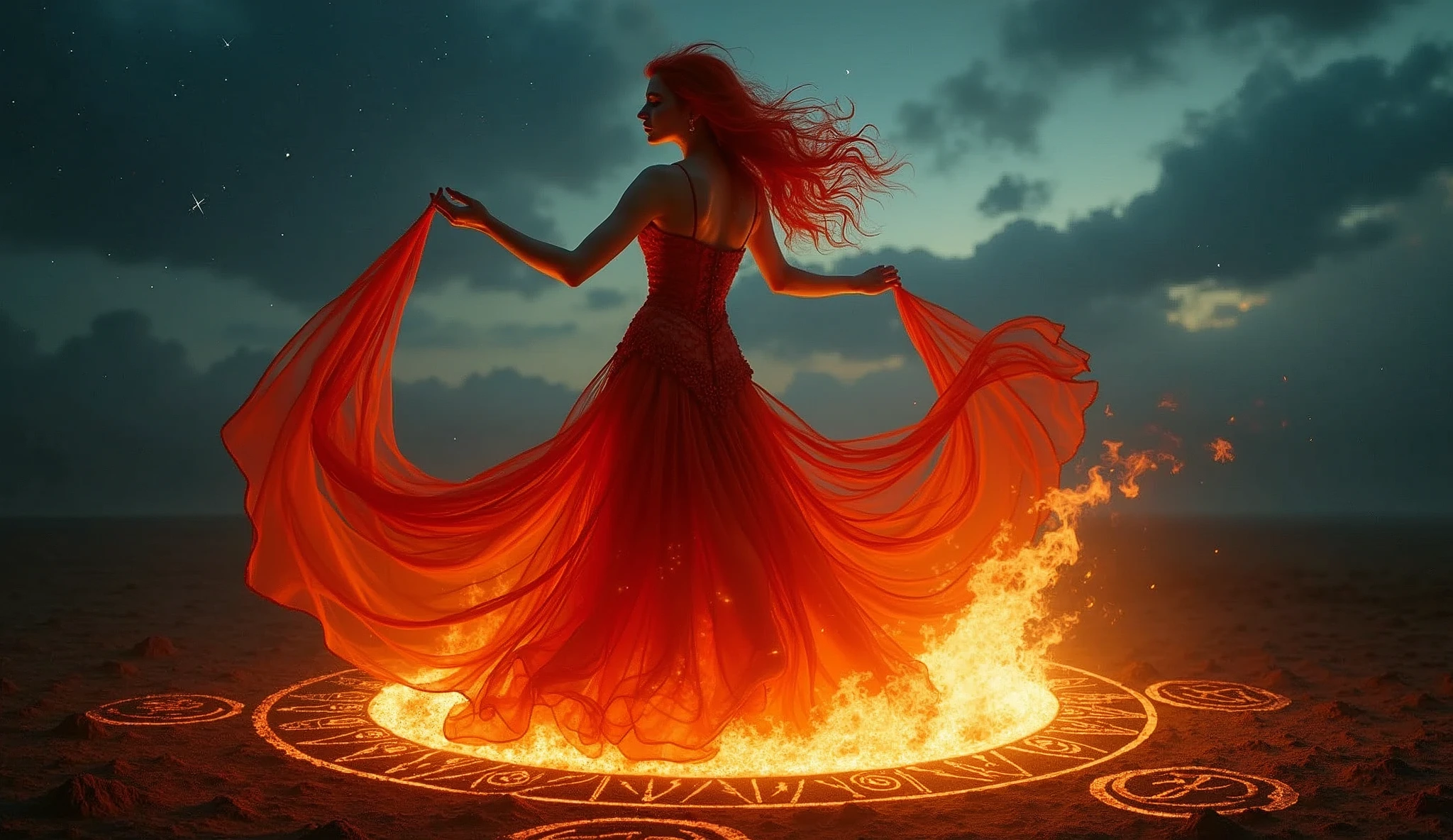 Seductive demoness with fiery red hair and glowing eyes, dressed in a revealing gown made of shadowy flames, performing a forbidden dance around a blazing ritual fire, with dark sigils glowing on the ground.