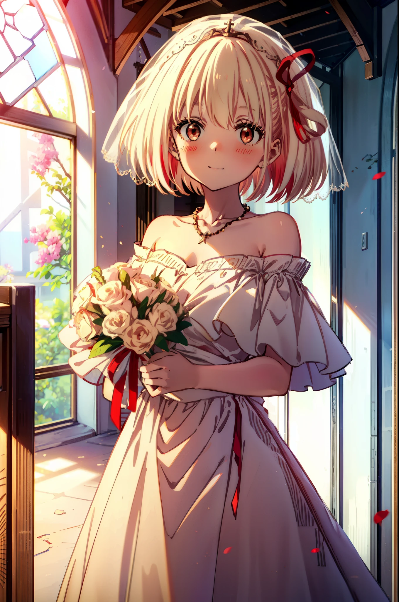 chisato nishikigi, short hair, bangs, blonde, (Red eyes:1.5), Hair Ribbon, One side up, Bobcut,Veil,off-the-shoulder wedding dresses,necklace,Veil,wedding long skirt,holding a bouquet of flowers in both hands,smile,blush,As if your whole body is in the illustration,Daytime,sunny,
break indoors, Chapel,church,
break looking at viewer, Upper Body,(Cowboy Shot:1.5),
break (masterpiece:1.2), Highest quality, High resolution, unity 8k wallpaper, (shape:0.8), (Beautiful attention to detail:1.6), Highly detailed face, Perfect lighting, Extremely detailed CG, (Perfect hands, Perfect Anatomy),