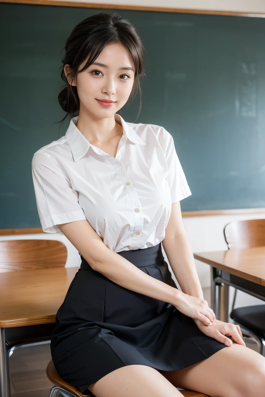 (8k, Highest quality, masterpiece:1,2), (Realistic, photo-Realistic:1,37), Highest quality, masterpiece, Beautiful woman, 30 years old, Teacher Kiyura, Beautiful female teacher, Oversized shirt, Tight Skirt, Mid-length skirt, blush, smile, Small breasts,  thin, Chignon Hair, thin脚, Tight waist, Naughty look, Classroom background with stacked chairs and study desks