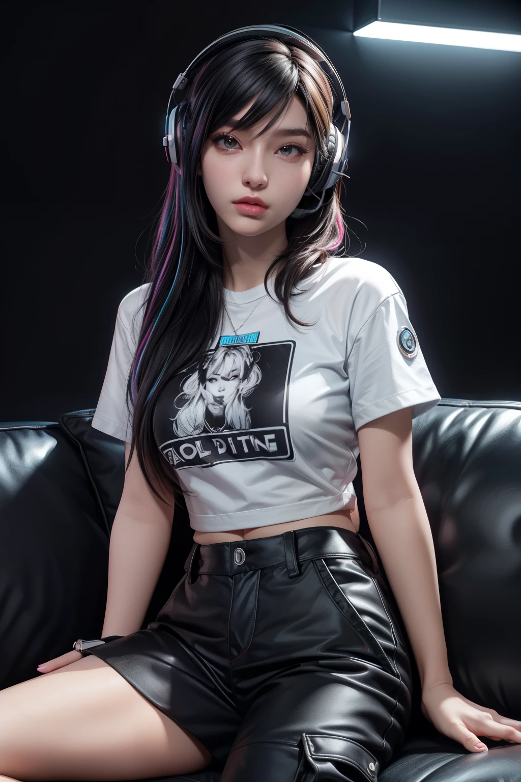 ((best quality)), ((masterpiece)), (detailed), (photorealism:1.2), beautiful woman((half fat body)), headphones, sitting on sofa holding the cellphone, wearing printing t-shirts, black cargo pants, long bonding hair, dark room, colorfull neon lights, luxury room, relaxed pose, realistic cyberpunks, there is text Tika on neon box, sintricate details.
