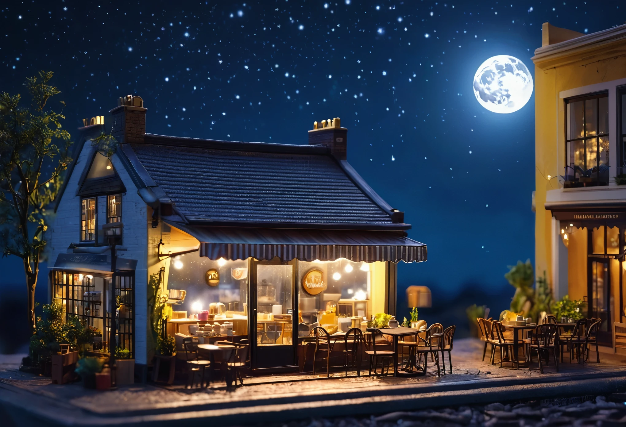 There is a miniature cafe shop with the moon in the background., Concept art by Elaine Hamilton, Pixabay Contest Winner, Conceptual Art, Illuminated by the moonlight starry sky environment, Illuminated by the moonlight night dreamy atmosphere, Details Store, ✨🕌🌙, Miniature Cafe Diorama, It&#39;s like a dream, moonshine, moonless night, moonray render, Illuminated by the moonlight backdrop, Illuminated by the moonlight