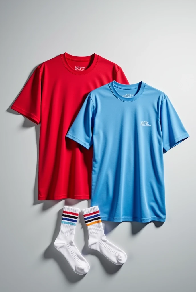 688 X 1024. Image with two standard sports shirts and a pair of sports socks