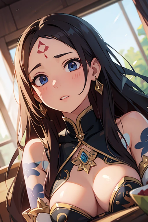 a highly detailed portrait of 1 girl, upper body, dynamic angle, messy long hair, ornate ink tattoo on forehead, best quality, photorealistic, extremely detailed, masterpiece, hyperdetailed, illustration, World's Greatest Theater, 8k high resolution, cinematic lighting, lens flare, Dunhuang style