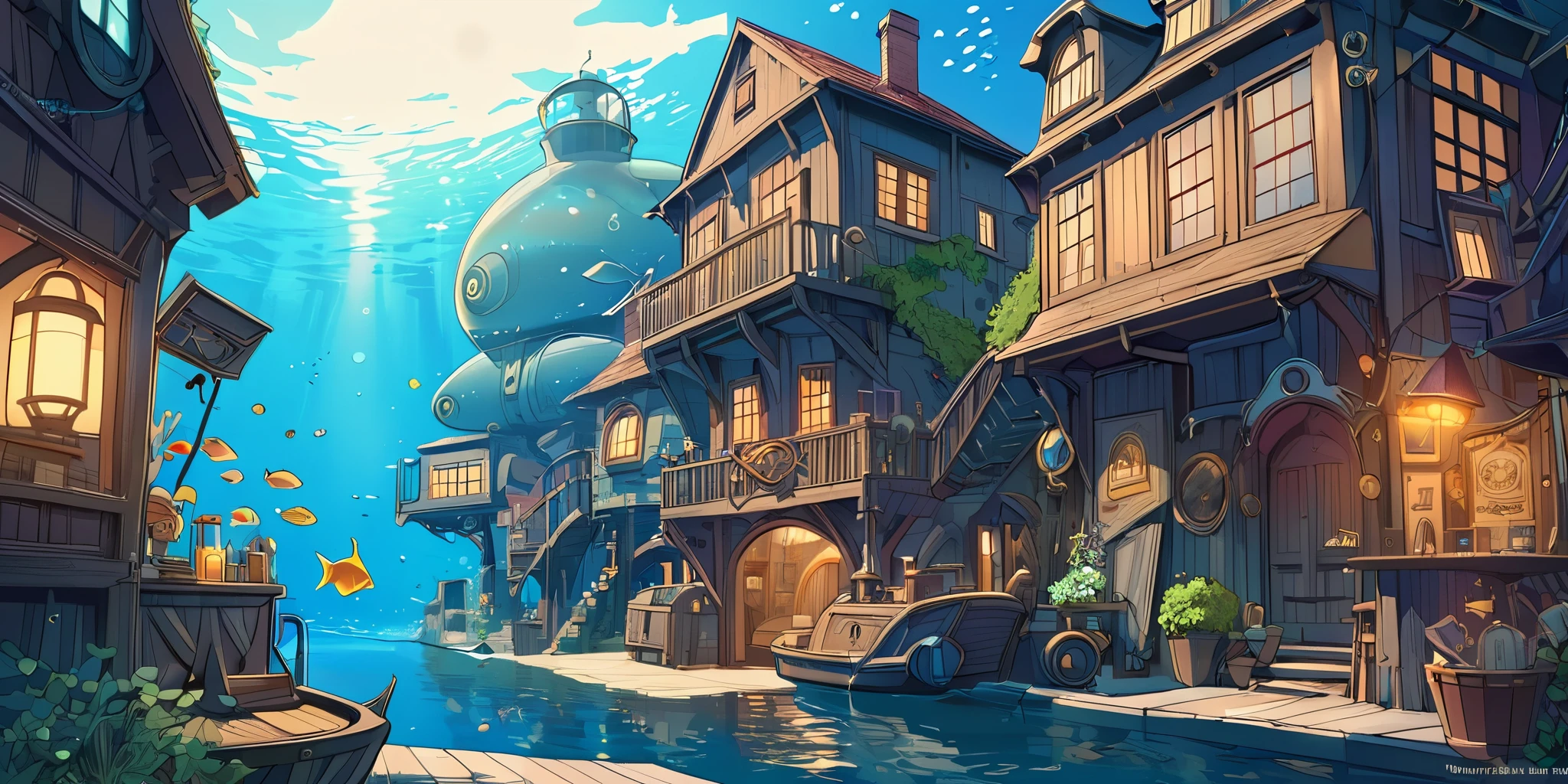 Draw a lofi anime poster, village, Sous marin, Steampunk Decoration, faire, lumière, poisson, a beautiful color palette in bleu, couleurs saturées vibrantes, ouvrages d'art, days, animated theme