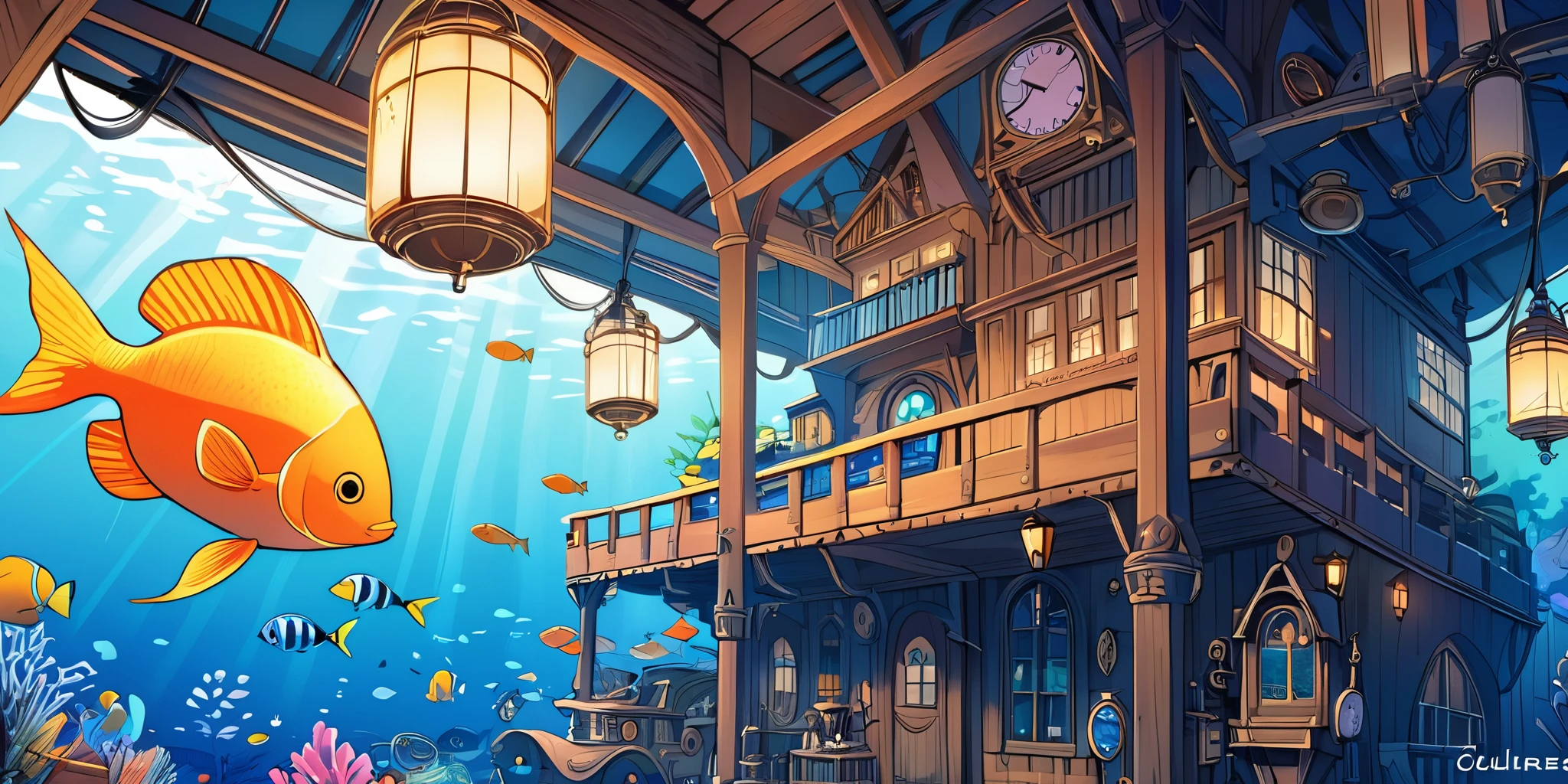 Draw a lofi anime poster, village, Sous marin, Steampunk Decoration, faire, lumière, poisson, a beautiful color palette in bleu, couleurs saturées vibrantes, ouvrages d'art, days, animated theme