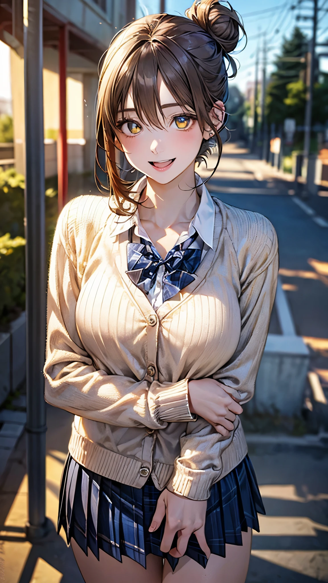 (masterpiece:1.2, highest quality), (realistic photo:1.4), beautiful illustrations, (natural side lighting, movie lighting),
beautiful hair, beautiful face, detailed and beautiful eyes, beautiful clavicle, beautiful body, beautiful breasts, beautiful thighs, beautiful feet, beautiful fingers,
looking at the viewer, 1 girl, high school girl, (perfect anatomy, anatomically correct, super detailed skin), cute symmetrical face, baby face, perfect face, perfect eyes,
(middle hair, (single hair bun), light brown hair), hair between eyes, gold eyes, big eyes, long eye lasher, (medium breasts, seductive thighs), perfect body, shiny skin, slender,
(detailed cloth texture, break white collared shirt, break (long sleeve yellow knit cardigan), break blue pleated skirt, blue plaid bow tie), break
(beautiful scenery), night, (school yard;1.2), standing, break (own hands together), break (happy smile, open mouth, feeling of satisfaction),