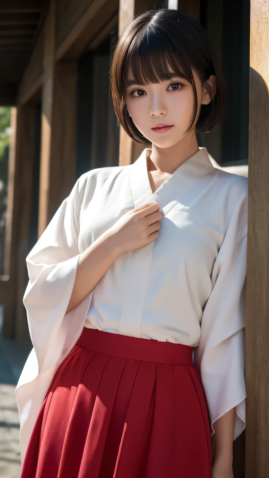 (Ultra-realistic), (figure), (High resolution), (8k), (Very detailed), (Best figure), (Beautiful and detailed), (Highest quality), (Super detailed), (masterpiece), (wallpaper), (Detailed face), alone, One Girl, watching viewer, White kimono、Red long skirt,shrine、Less exposure、Fine details, Detailed face, In the Dark, Deep Shadow, Modest, Pure Erotic Face Ace_v1, cool, short hair, Pointed diagonal bangs,