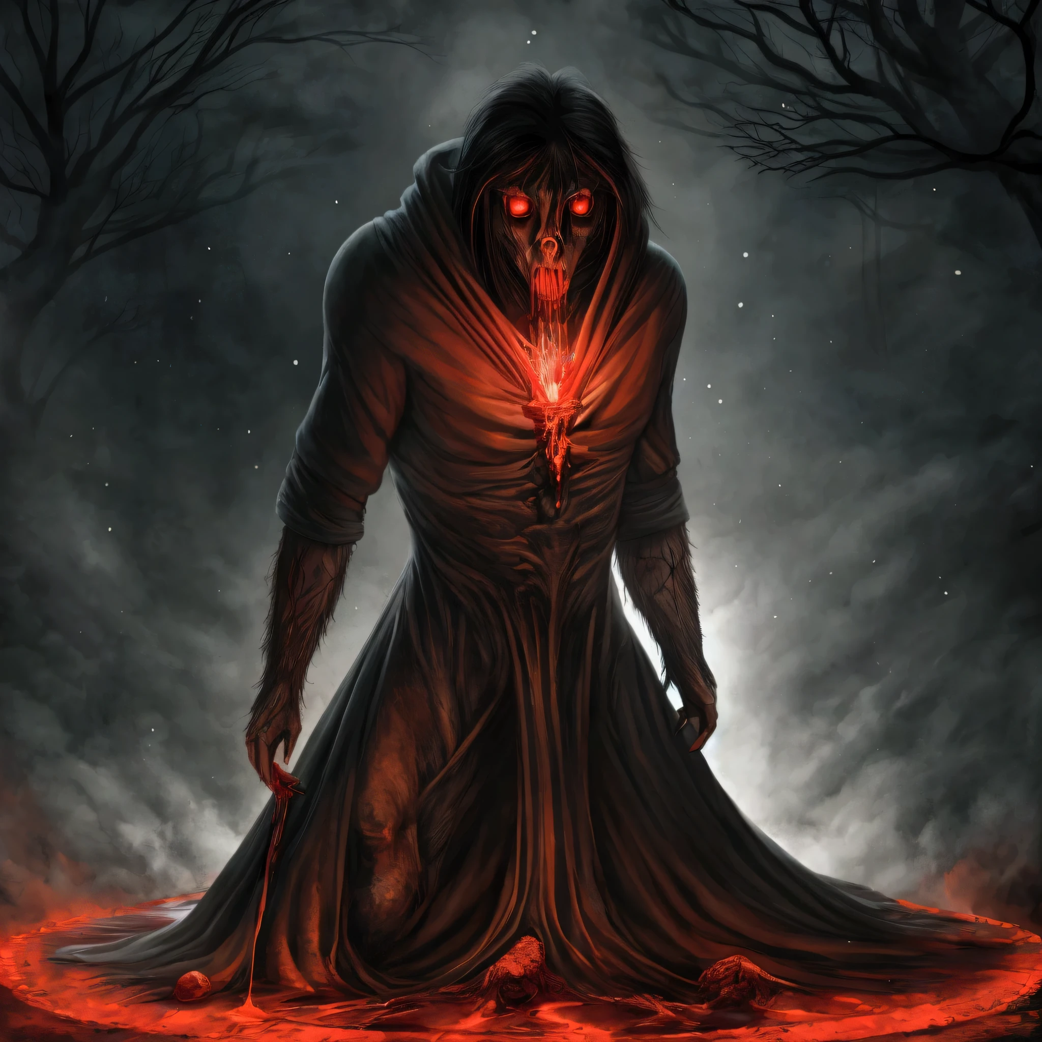 black hair, Red eyes, Long hood,Dark background, Forest in the background, horror, necromancer, masterpiece, a high resolution, Realistic anatomy, Cursed Power, blood ritual,