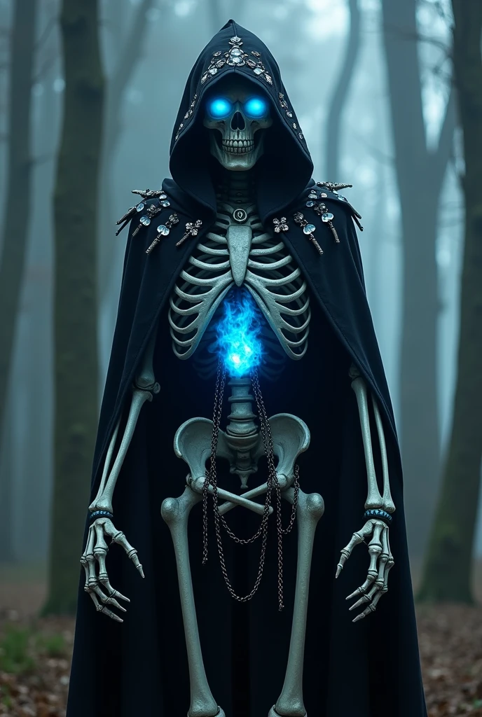 Living skeleton possessing magic, with blue glowing little eyes, with a blue magical fire in my chest, in a black cloak adorned with jewels, with a deep hood, a long skirt strewn with black chains, hung with silver jewels, with magical rings on long, clawed fingers