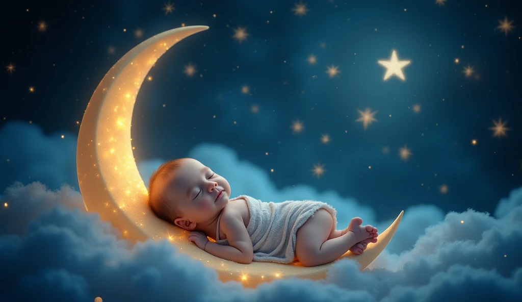 .a baby listens to a lullaby and sits tenderly on a crescent moon in a fairy-tale space and there are many stars around, sleeps with closed eyes