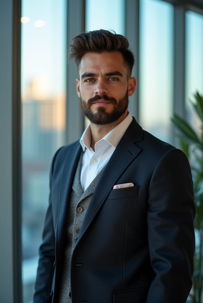 I want to create a profile photo of a young male model executive with beard
