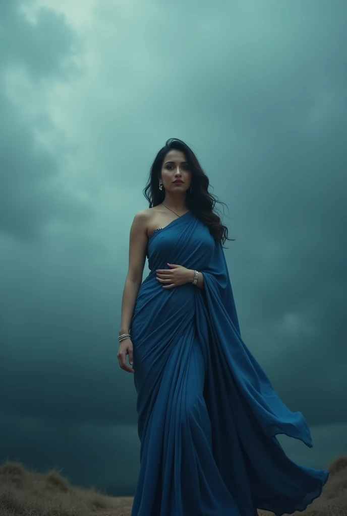 Tamanna bhatia in blue saree, showing hips, cloud, noises, hot pose, no sunlight, no shining, realistic, raw photo