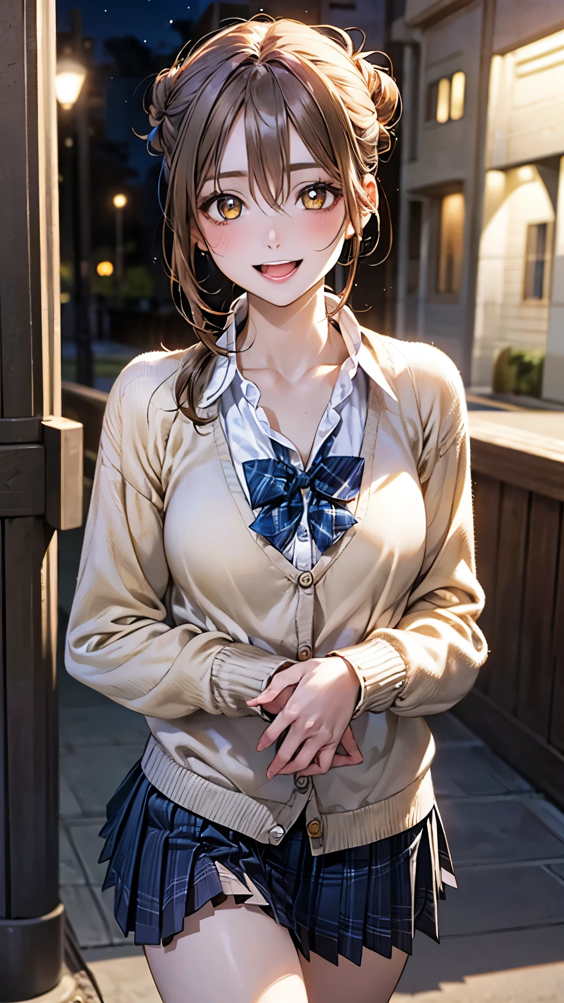 (masterpiece:1.2, highest quality), (realistic photo:1.4), beautiful illustrations, (natural side lighting, movie lighting), 
beautiful hair, beautiful face, detailed and beautiful eyes, beautiful clavicle, beautiful body, beautiful breasts, beautiful thighs, beautiful feet, beautiful fingers, 
looking at the viewer, 1 girl, high school girl, (perfect anatomy, anatomically correct, super detailed skin), cute symmetrical face, baby face, perfect face, perfect eyes, 
(middle hair, (single hair bun), light brown hair), hair between eyes, gold eyes, big eyes, long eye lasher, (medium breasts, seductive thighs), perfect body, shiny skin, slender, 
(detailed cloth texture, break white collared shirt, break (long sleeve yellow knit cardigan), break blue pleated skirt, blue plaid bow tie), break 
(beautiful scenery), night, (school yard;1.2), standing, break (own hands together), break (happy smile, open mouth, feeling of satisfaction), 