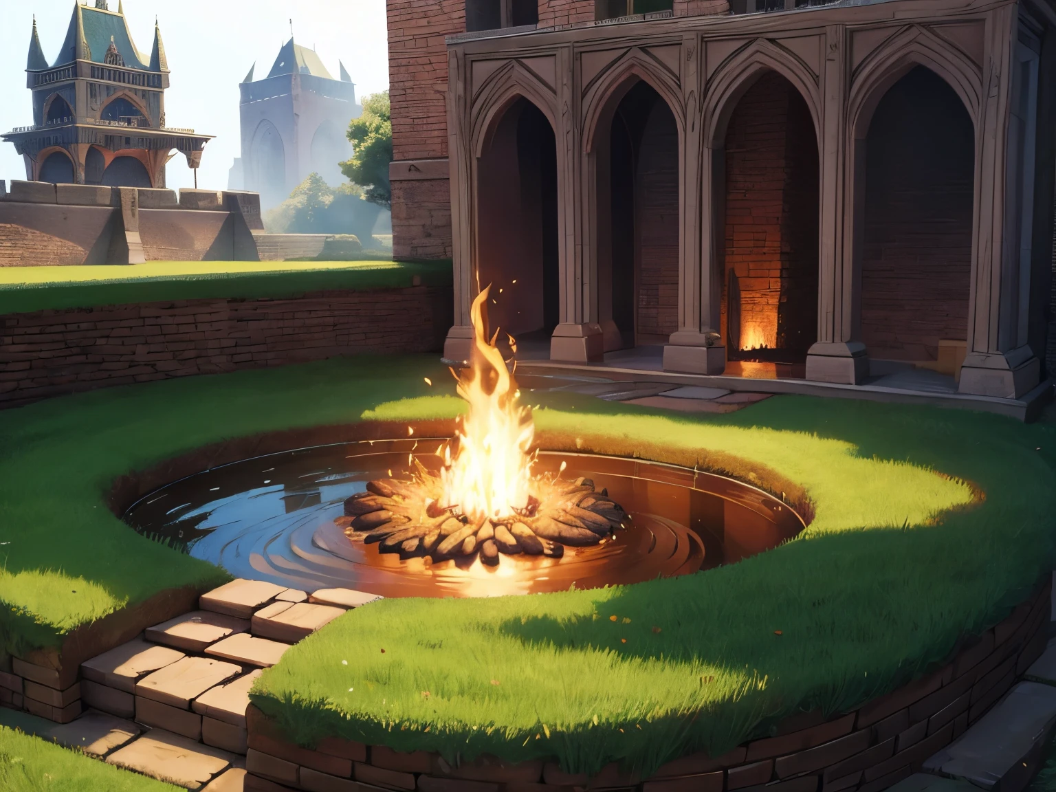 medieval anthill, moat, fire, serpent