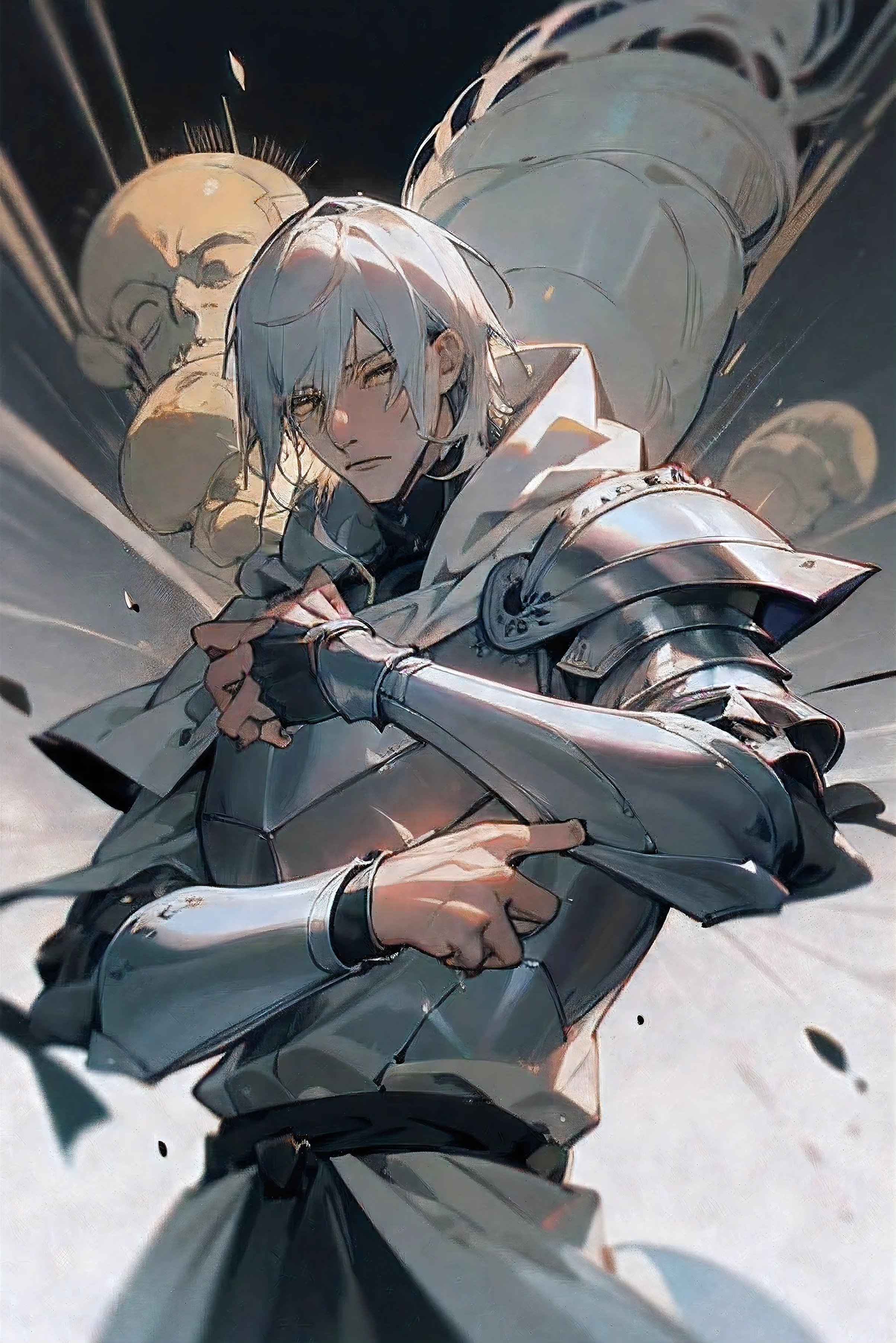  Male man, silver hair, medium length, yellow  eyes, grown-up face, grown-up, white hood and shroud, plate armor breastplate, bonitas, fancy, Action, sorcerer