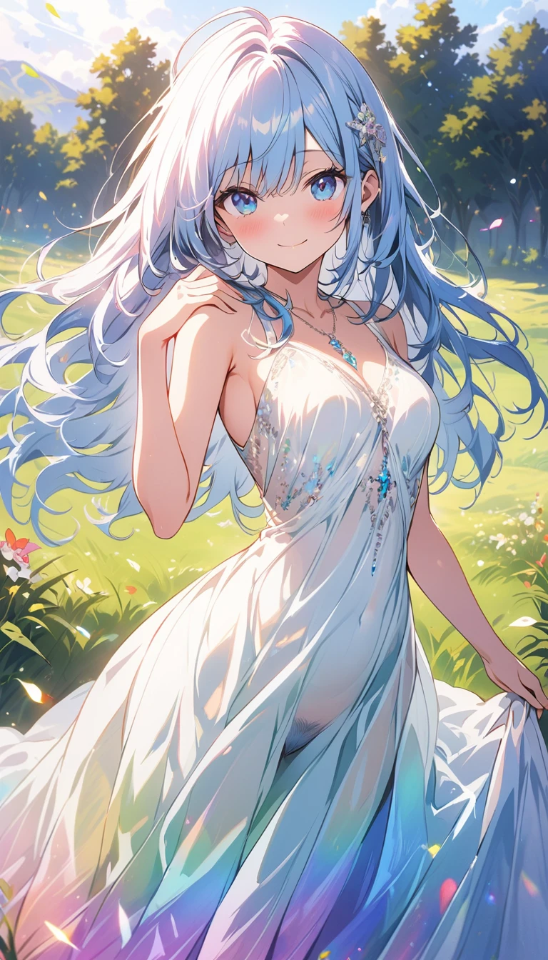 expensivequality illustration, masterpiece, Very delicate and beautiful, attractive,(White floral dress,One-piece with glittering decorations,expensive_White rainbow gradient dress、Long skirt),thin,Slender body,slim,high school student,Grassland Background,Princess, Beautiful Eyes、smile、blush,(masterpiece, Highest quality:1.2), expensiveres, Very detailed CG ユニティ 8k 壁紙, Perfect lighting, colorful, ultra-expensive res,4K,Very detailed, photograph, 8k, High resolution, 、tits、Female organ、Thick pubic hair sticking out、Pubic hair sticking out