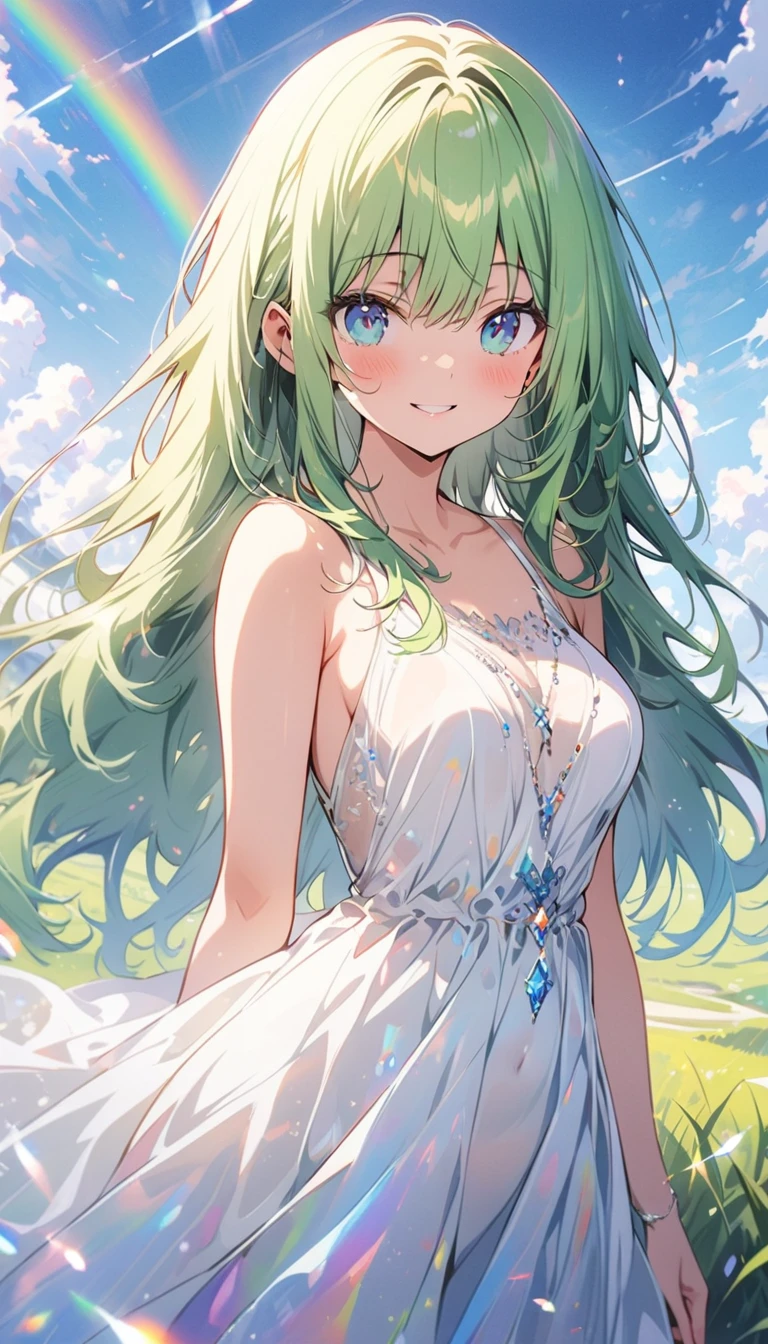 expensivequality illustration, masterpiece, Very delicate and beautiful, attractive,(White floral dress,One-piece with glittering decorations,expensive_White rainbow gradient dress、Long skirt),thin,Slender body,slim,high school student,Grassland Background,Princess, Beautiful Eyes、smile、blush,(masterpiece, Highest quality:1.2), expensiveres, Very detailed CG ユニティ 8k 壁紙, Perfect lighting, colorful, ultra-expensive res,4K,Very detailed, photograph, 8k, High resolution, 、tits、Female organ、Thick pubic hair sticking out、Pubic hair sticking out