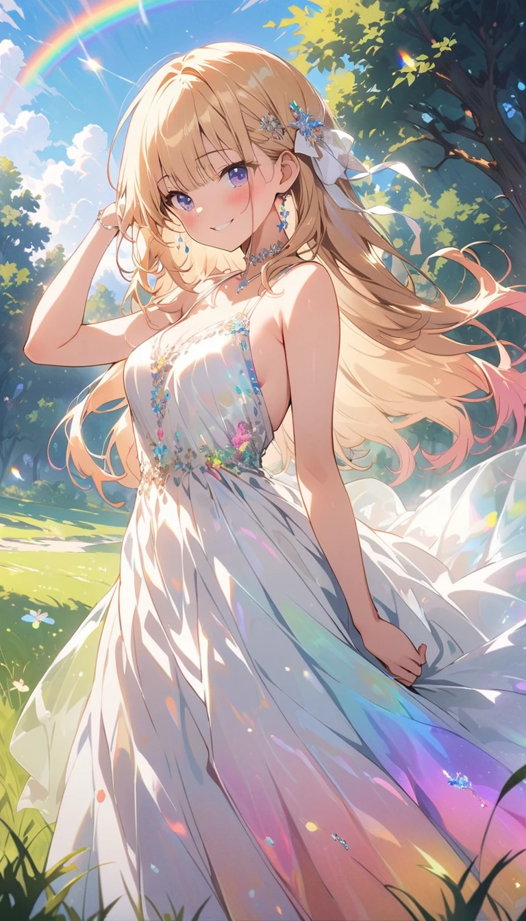 expensivequality illustration, masterpiece, Very delicate and beautiful, attractive,(White floral dress,One-piece with glittering decorations,expensive_White rainbow gradient dress、Long skirt),thin,Slender body,slim,high school student,Grassland Background,Princess, Beautiful Eyes、smile、blush,(masterpiece, Highest quality:1.2), expensiveres, Very detailed CG ユニティ 8k 壁紙, Perfect lighting, colorful, ultra-expensive res,4K,Very detailed, photograph, 8k, High resolution, 、tits、Female organ、Thick pubic hair sticking out、Pubic hair sticking out