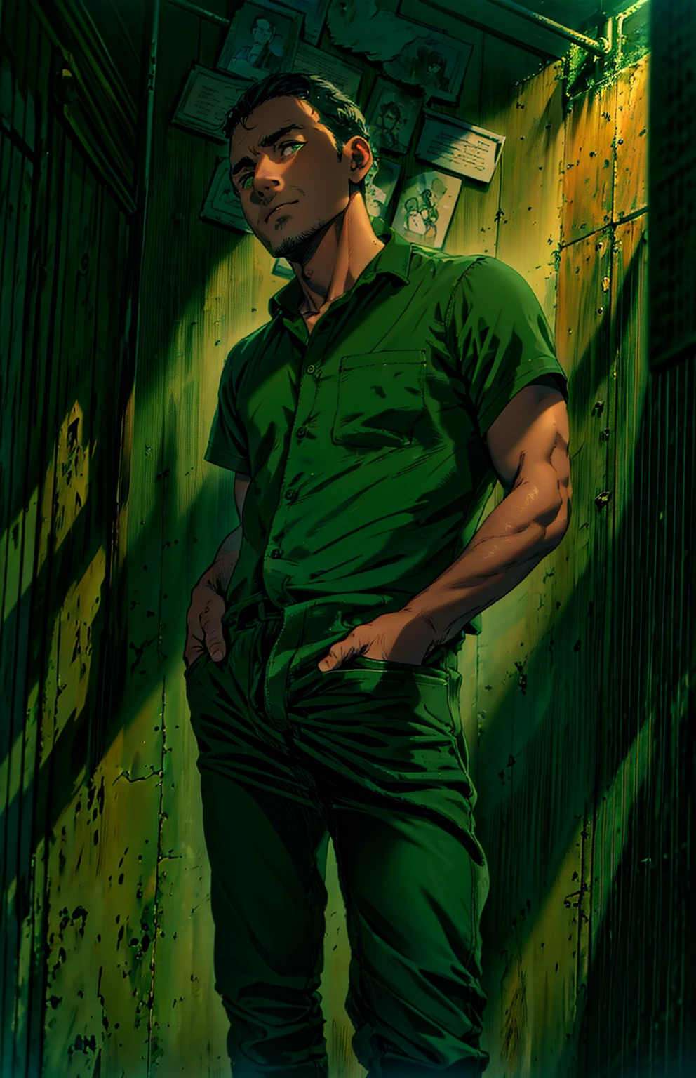 arafed man standing in front of a wall with pictures on it, with hands in pockets, green shirt, with a cool pose,cinematic outfit photo, full body photogenic shot, in a dark teal polo shirt, in style of davey adesida, in a dark green polo shirt, hands in pockets, wearing green, frontal pose