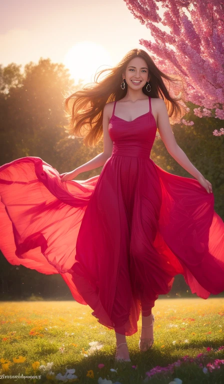 Digital painting of a beautiful, sexy and sensual full-length model enjoying joy and happiness; walking and singing happily in a field of flowers of bright, happy and intense colors at sunset for the joy of life. The image must be inspired by life, happiness and joy. Color background that contrasts significantly with the image and highlights the joy of living. Capturing light and texture, high resolution, mysticism+coherent and ultra-realistic
