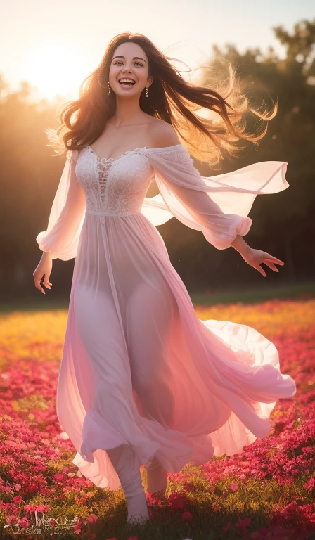 Digital painting of a beautiful, sexy and sensual full-length model enjoying joy and happiness; walking and singing happily in a field of flowers of bright, happy and intense colors at sunset for the joy of life. The image must be inspired by life, happiness and joy. Color background that contrasts significantly with the image and highlights the joy of living. Capturing light and texture, high resolution, mysticism+coherent and ultra-realistic