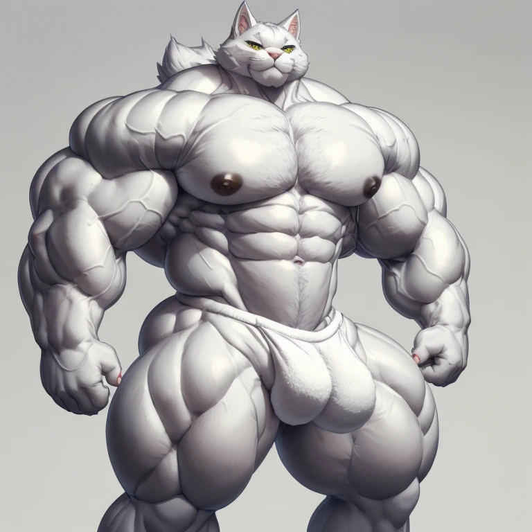 hyper growth, hyper muscles, furry growth, cute cat, A furry cat, white cute cat, shirtless, wearing shorts, exaggeratedly huge and muscular, on a gray background