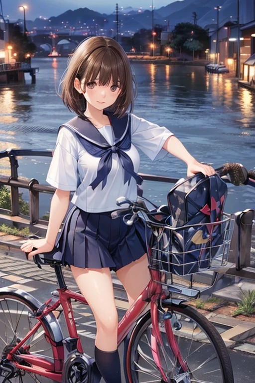 anegasaki nene、Shiny brown hair, short hair, (Beautiful brown eyes、Sparkling eyes, Fine grain)、smile、Ultra-detailed eyes、Highly detailed face, Highly detailed eyes,



masterpiece、High resolution、High resolution、high quality、High resolution、young woman、
Riding a bicycle, Running Shorts, Short shorts, A large oil refinery illuminated at night, Tilt Shift Photography, by Ulrich Leman, pexels contest winner, Photorealism, Nagasaki, Structural cityscape, Detailed pictures of the virtual world, happy birthday